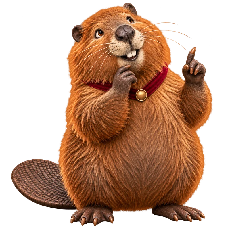 Kriyo, the Kriyon beaver mascot, thinking with a raised finger